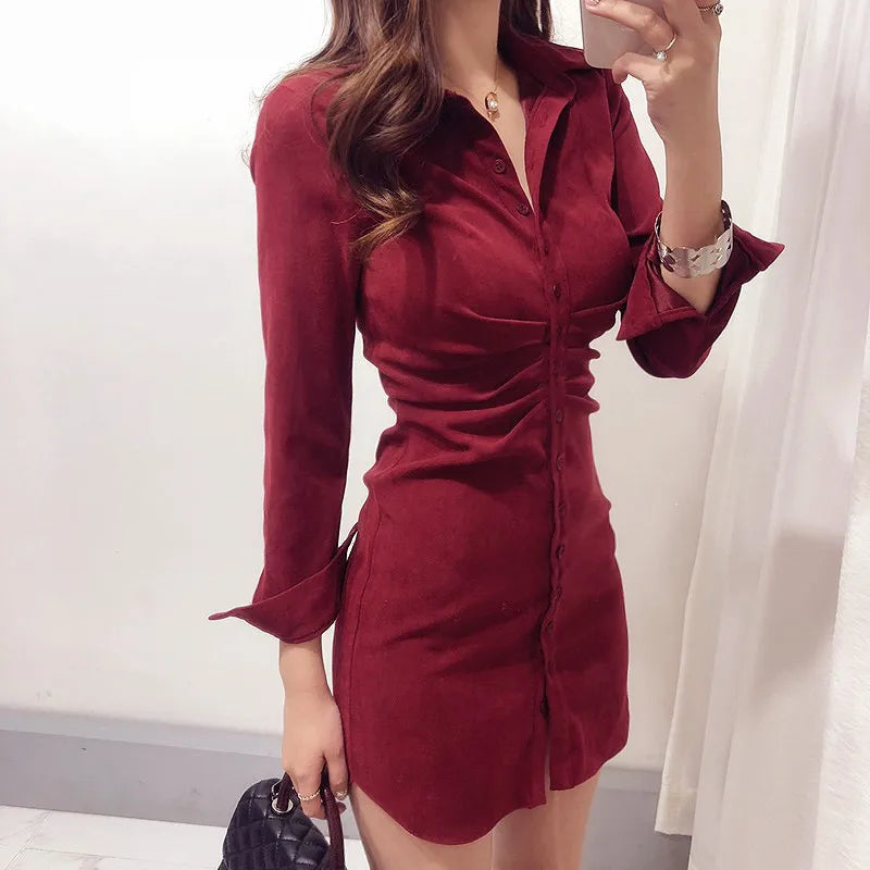 Dresses for Women French Retro Shirt Tight Bottoming Dress Female Autumn and Winter Slim Package Hip Single-breasted Pure Dress - Seprincess