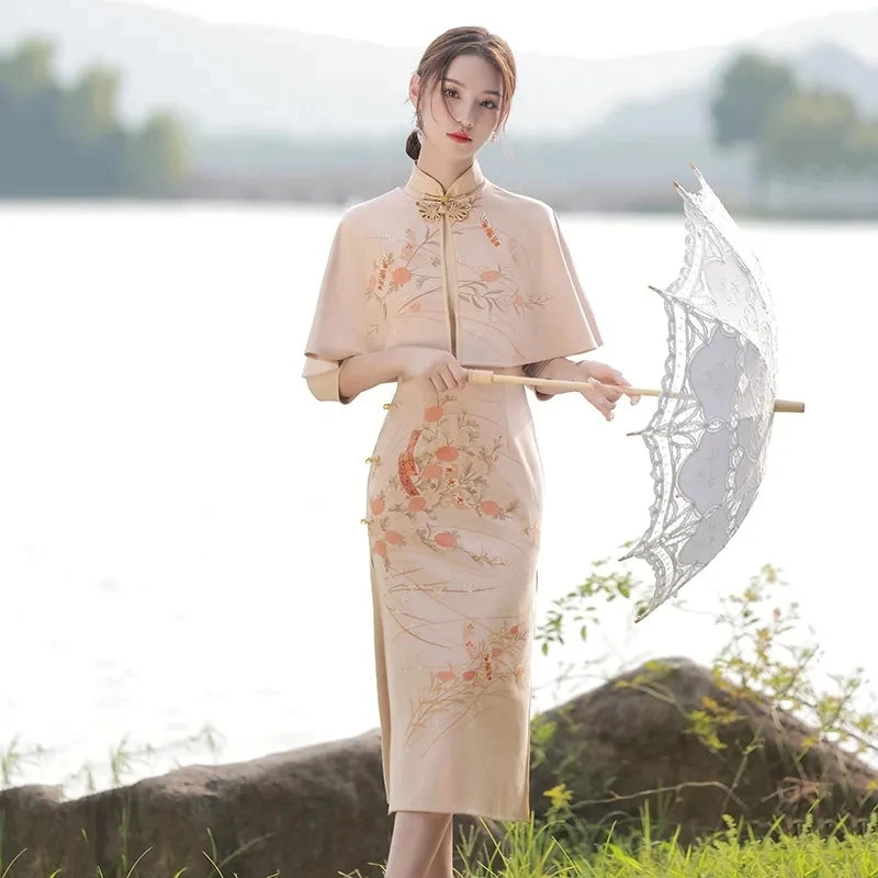 Chinese Style Elegant Slim Qipao Dress +shawl Two-piece Women Autumn Traditional Orientale Cheongsams Lady Vintage Vestido Chino - Seprincess