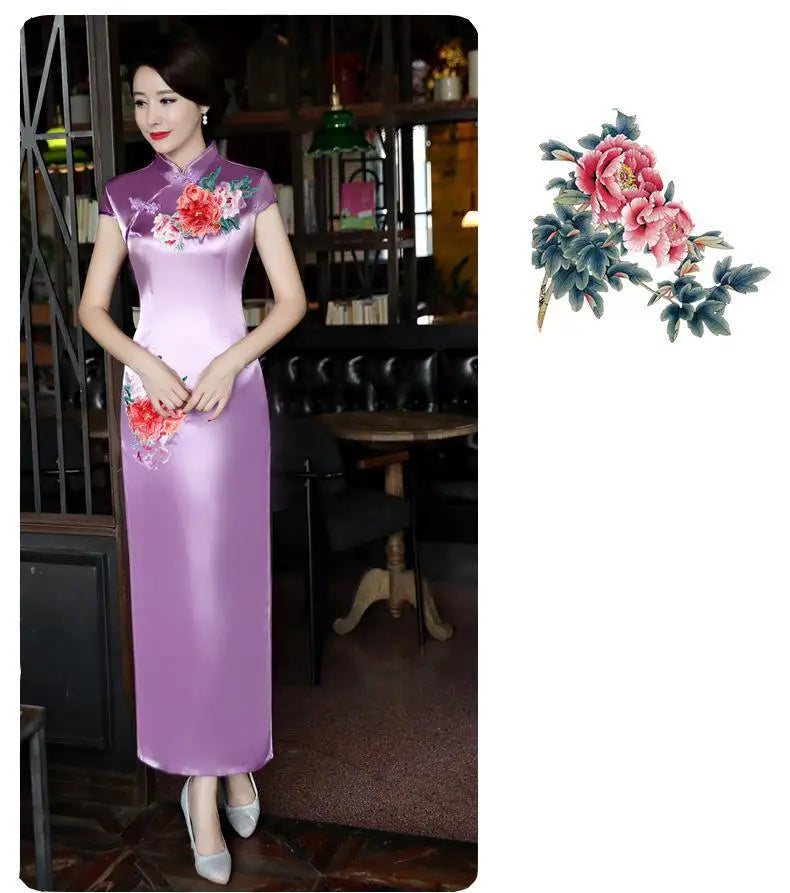 Classical Women Long Show Satin Chinese Dress Elegant Slim Embroidery Flower Qipao Cheongsam Retro Mandarin Collar Evening Gown - Seprincess