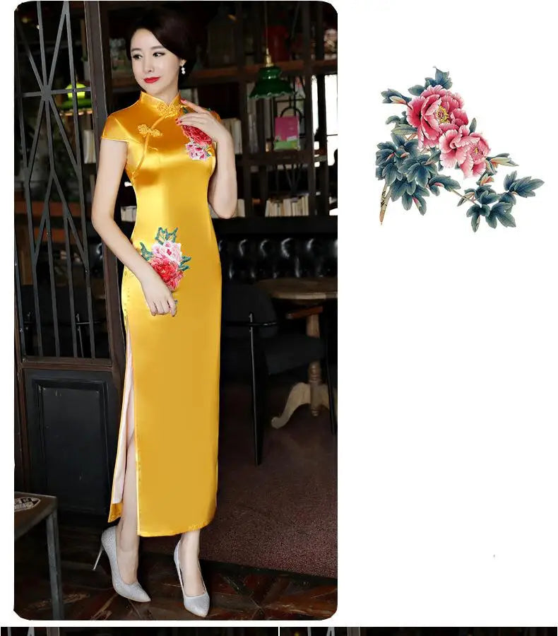 Classical Women Long Show Satin Chinese Dress Elegant Slim Embroidery Flower Qipao Cheongsam Retro Mandarin Collar Evening Gown - Seprincess