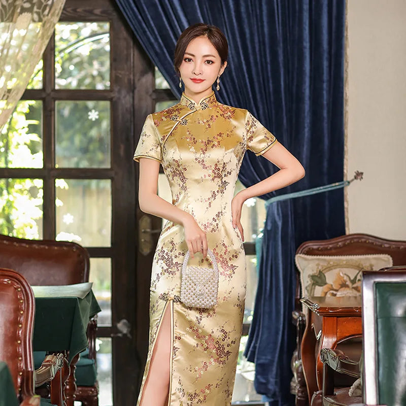 Summer New Women Sexy Cheongsam Elegant Vintage Mandarin Collar Chinese Dress Long Satin Flower Qipao Split Vestidso - Seprincess