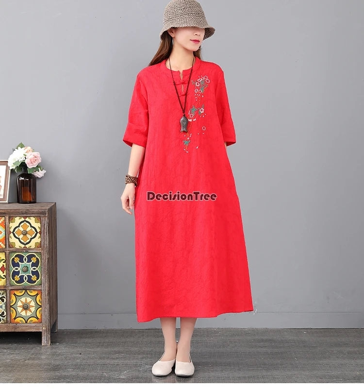 2023 chinese dress cheongsam women long qipao dress modern cotton linen cheongsam dress half sleeve embroidery cheongsam dress - Seprincess