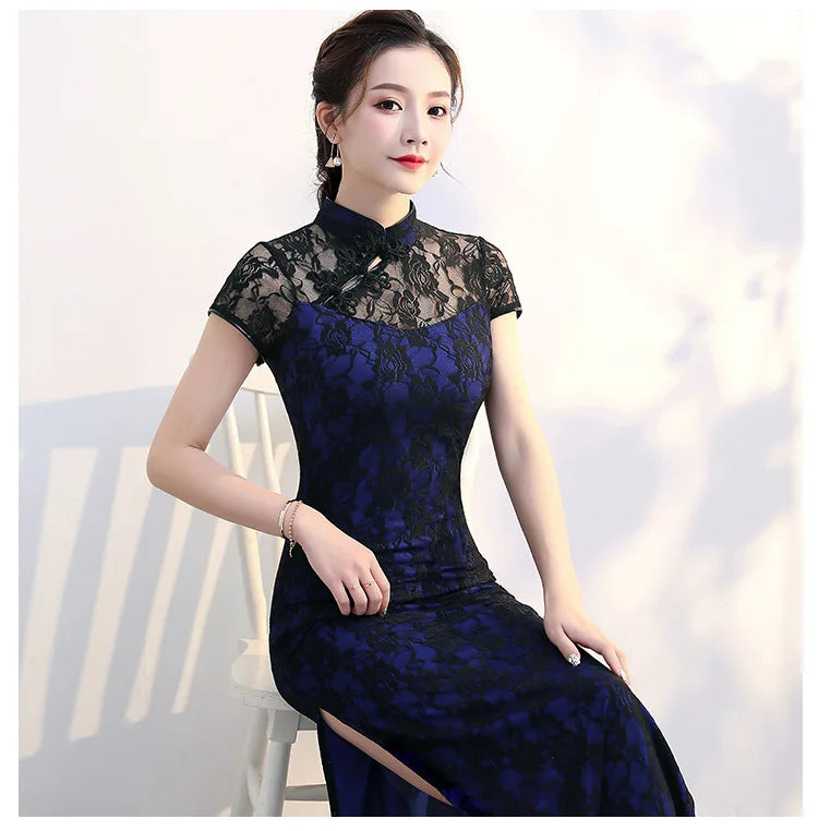 Lace Floral Perspective Collar Qipao Sexy Long Women Cheongsams Big Size 3XL 4XL 5XL Chinese Dress Grace Evening Party Vestidos - Seprincess