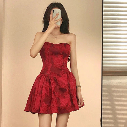 Lady Elegant Slim Off Shoulder Backless Dresses Sexy Party Sleeveless Streetwear Red Women Strapless Mini Dress 2023 Summer - Seprincess