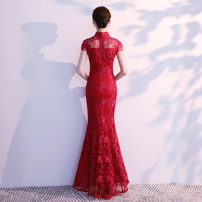 Lace Mermaid Chinese Style Lady Cheongsam Long Tight Elegant Dress Big Size 3XL Vestidso Vintage Red Bride Wedding Qipao S-203 - Seprincess