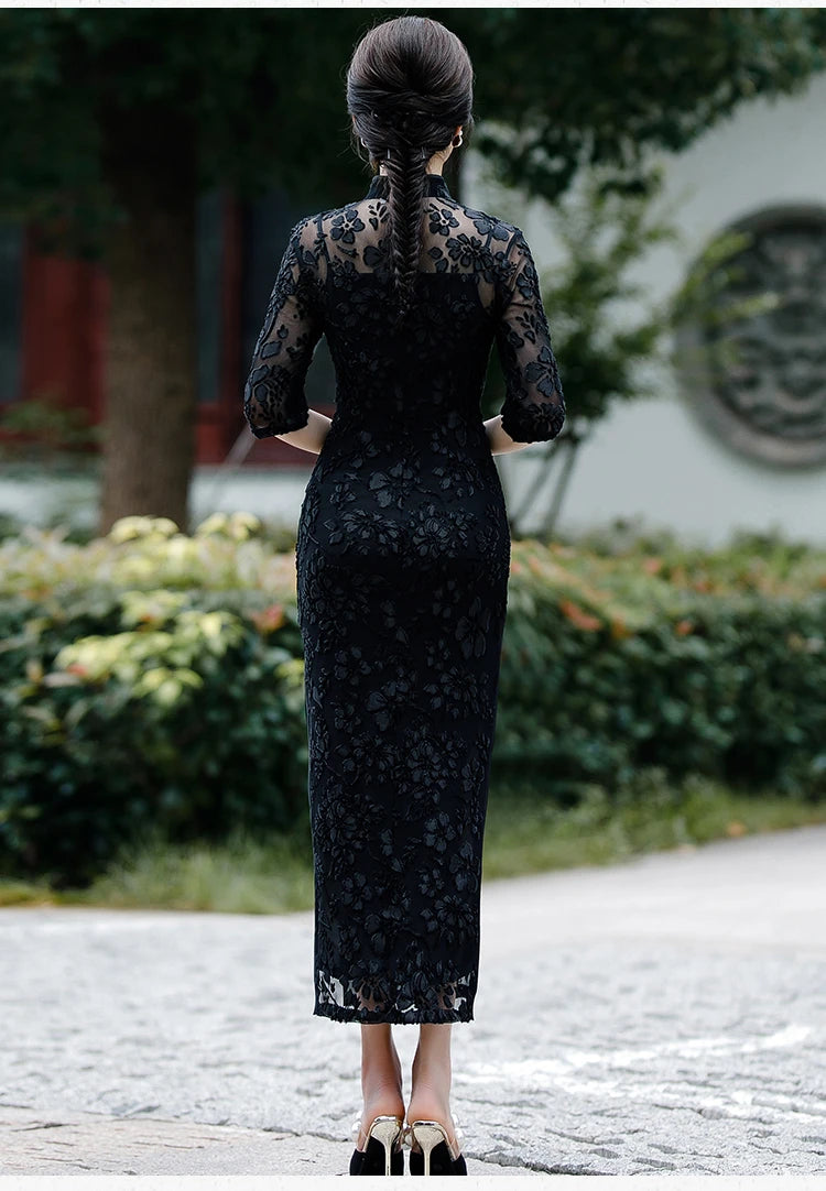 Chinese Style Women's Traditional Dress Retro Old Shanghai Style Long Cheongsam with 3/4 Sleeve Lace Summer Dress - Seprincess