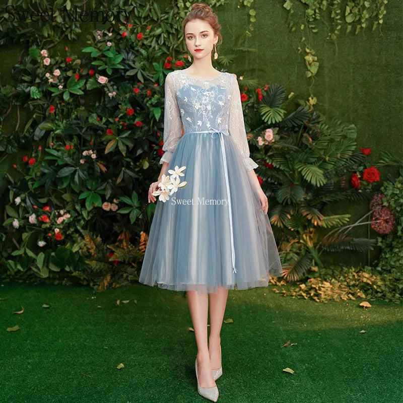 Gray Blue Bridesmaid Dresses For Women Elegant Half Sleeve Wedding Guest Dress Tulle Tea-Length Girl Vestido De Festa - Seprincess