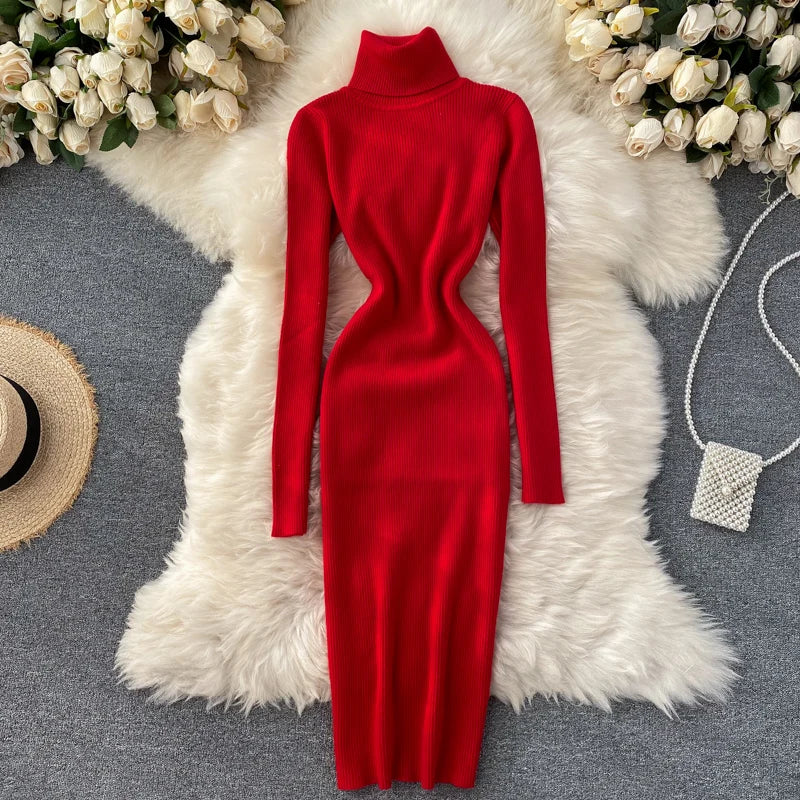 Dresses for Women 2022 Sexy Turtleneck Knitted Bodycon Dress Women Autumn Winter Long Sleeve Sweater Dress - Seprincess