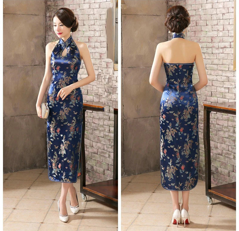 Navy Blue Mandarin Collar Women Chinese Dress Backless Long Satin Qipao Vintage Button Sexy Cheongsam Novelty Stage Show Clothes - Seprincess