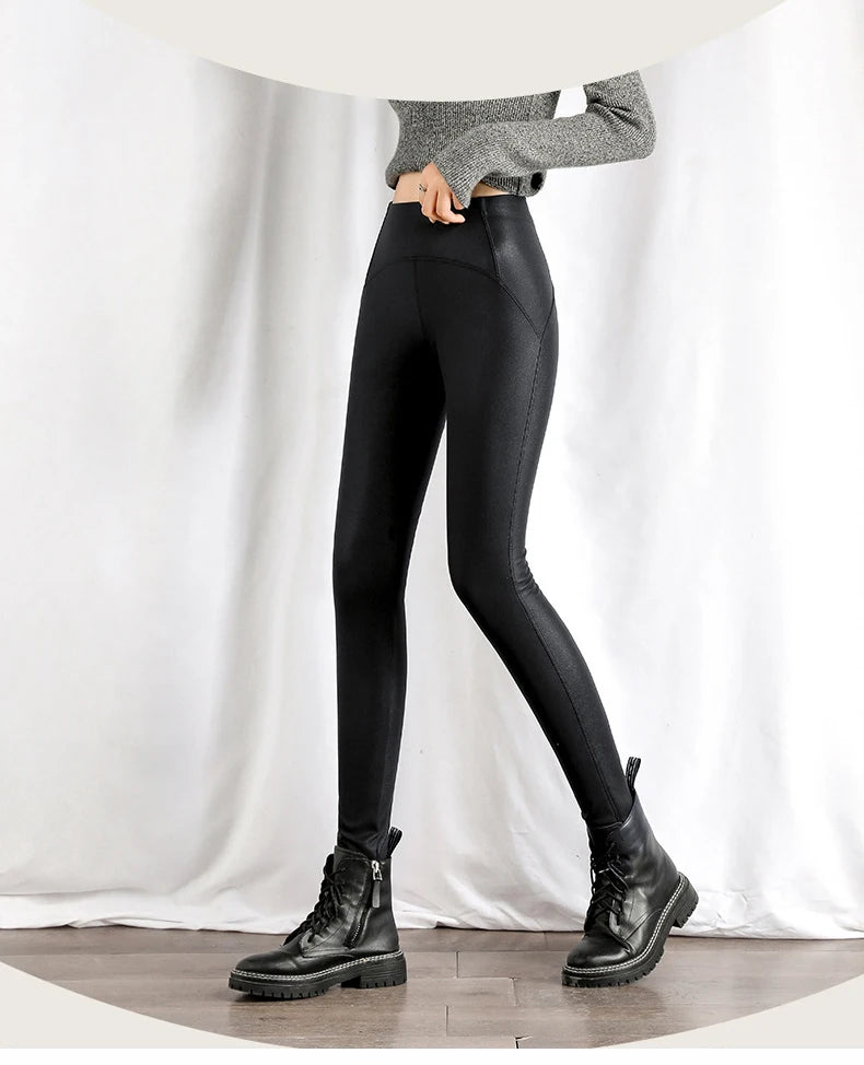 BIVIGAOS Autumn Winter Black Fleece Matte Leather Leggings Women High Waist  Sexy Motorcycle Pants Slim Skinny Warm Leggings