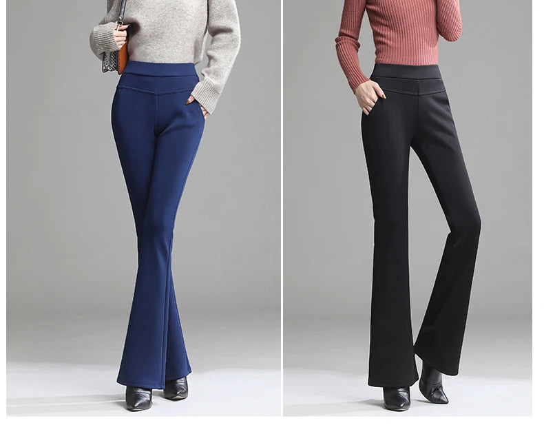 Warm Women Winter Flare Pants Thicken Fleece Trousers Female Black Blue Red High Waist Stretch Pants Warm Velvet Legging S-4XL