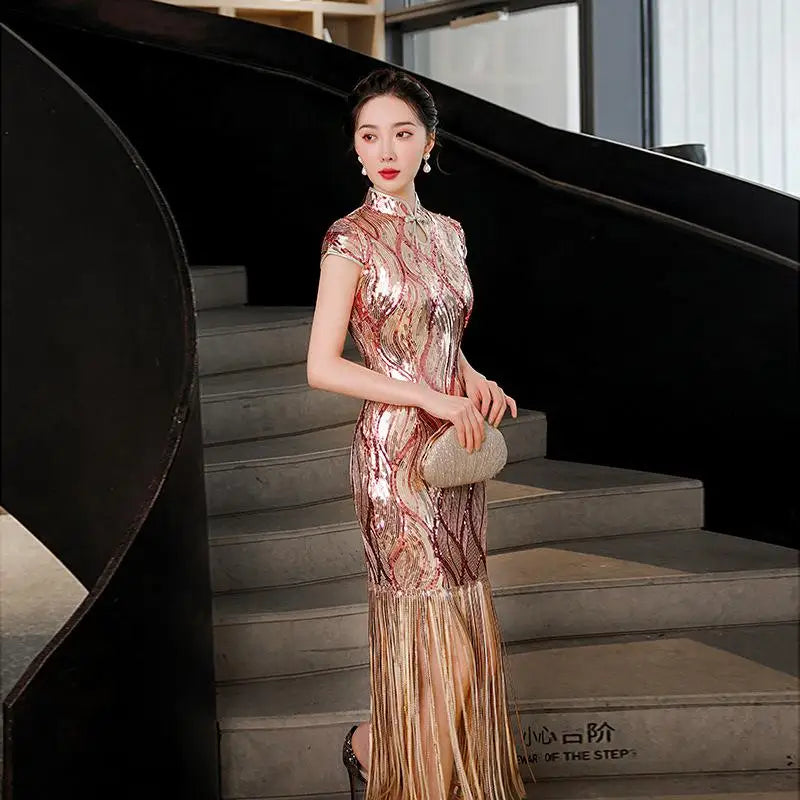 Lady Elegant Gold Sexy Rayon Cheongsam Sequins Tassel Qipao Mandarin Collar Chinese Dress Gown Vintage Evening Party Vestidos - Seprincess