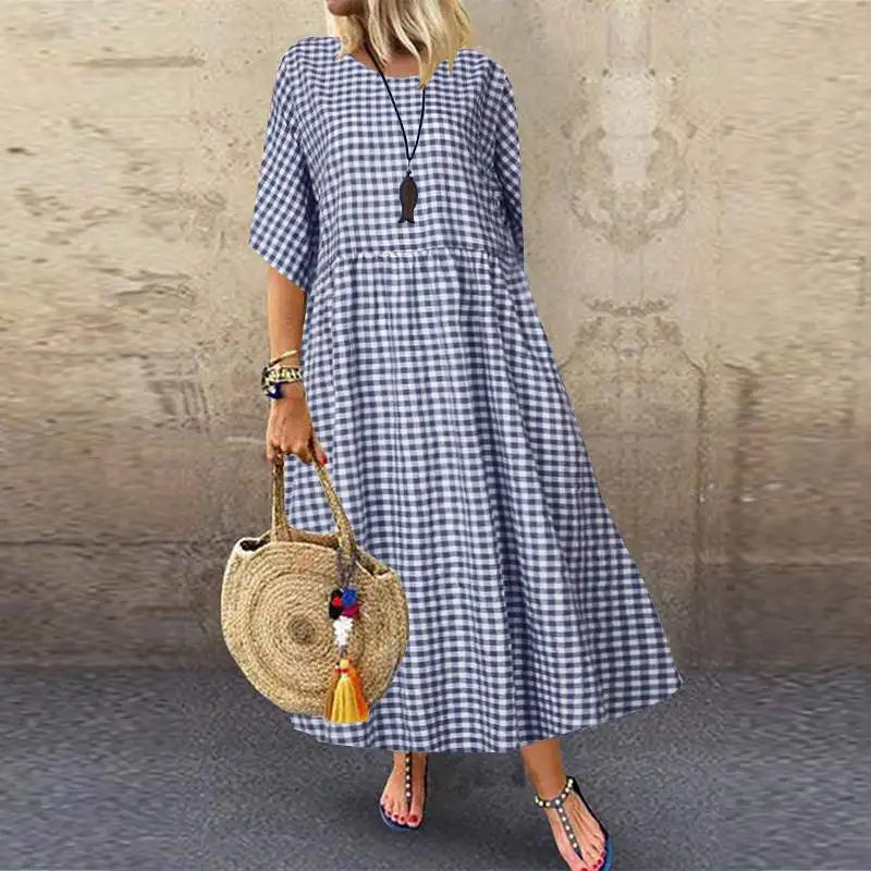 ZANZEA Women 2024 Summer Bohemian Maxi Dress Elegant Plaid Check Printed Robe Fashion Casual Holiday A Line Long Dress Oversize - Seprincess