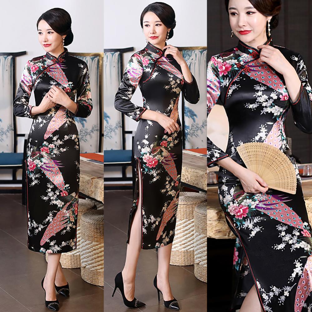 Women Chinese Traditional Dress Peacock Flower Print Long Split Bodycon Dress Cheongsam Stage Show Midi Slim Women Dress - Seprincess