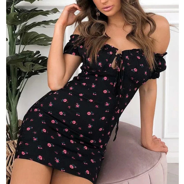 Women Floral Wrap Dress Off Shoulder Tie Up Front Ruffle Mini Dress Summer Office Lady Slash Neck Printed Pencil Dress - Seprincess