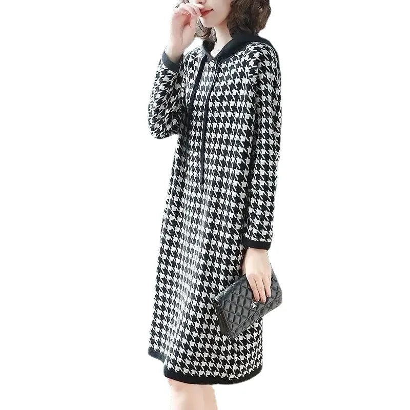 6XL Women's Dress 2024 Autumn Summer New Fashion Houndstooth Hooded Sweater Hoodie Dresses Winter Long-Sleeved Base Dress Female - Seprincess