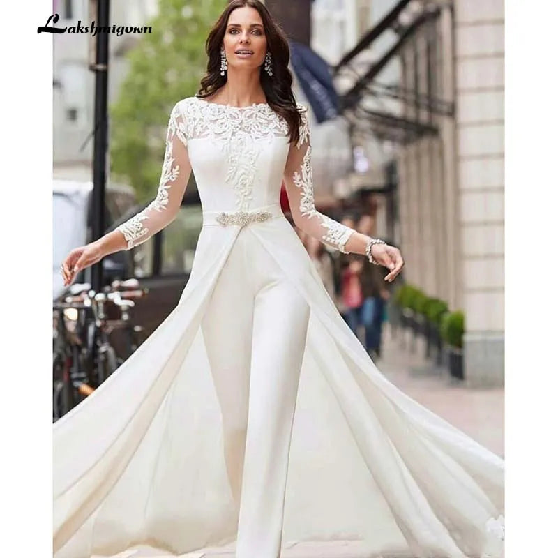 Cheap White Jumpsuits Pants Long Sleeve Wedding Dresses Lace Satin With Overskirts Beads Crystals Plus Size Bridal Gowns Vestido - Seprincess