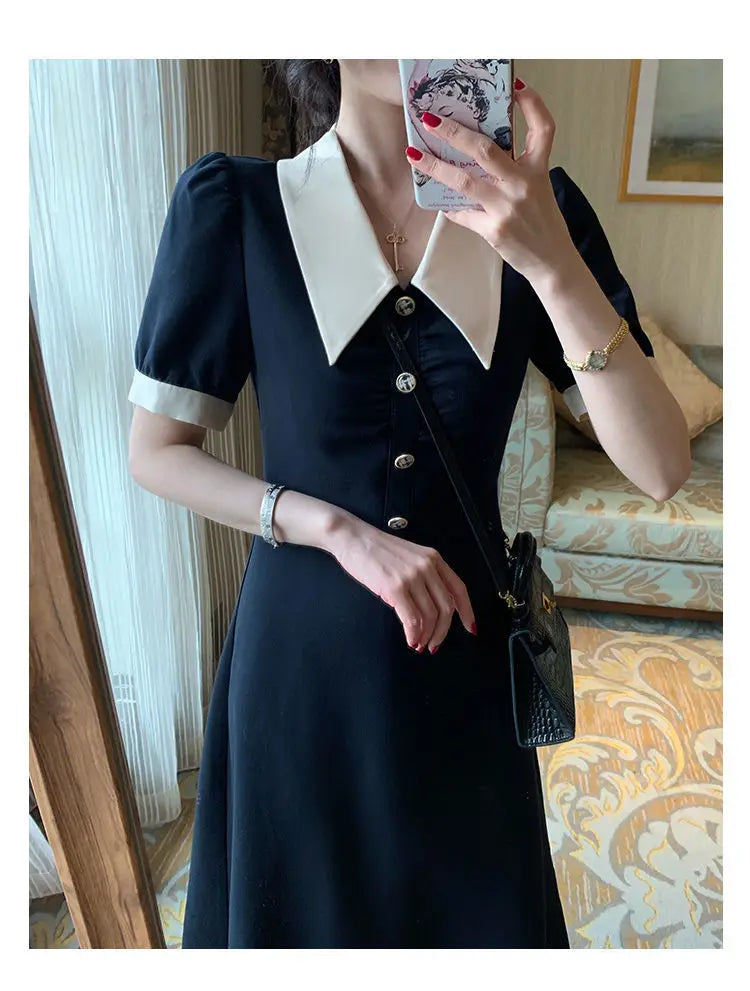 Short Sleeve Dresses Women Fashion Casual Harajuku Design French Vintage BF Hepburn Tender Slim Button Breathable All-match Fit - Seprincess