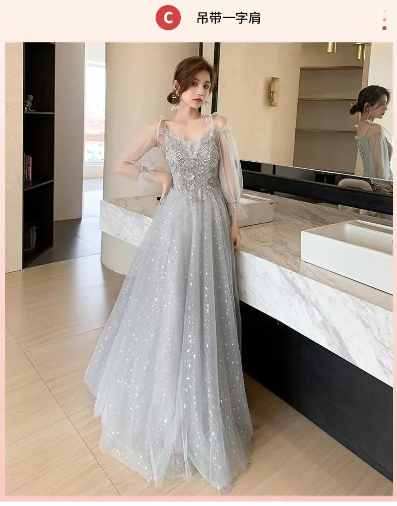 Temperament Bridesmaid Dress Lantern Sleeve Evening Party Dress Fairy Stage Show Dress Elegant Banquet Dress A-line Maxi Dress - Seprincess