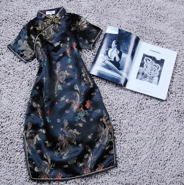 Black Dragon&phoenix Female Short Qipao Large Size 3XL Classic Cheongsam For Women Vestidos Mandarin Collar Slim Chinese Dress