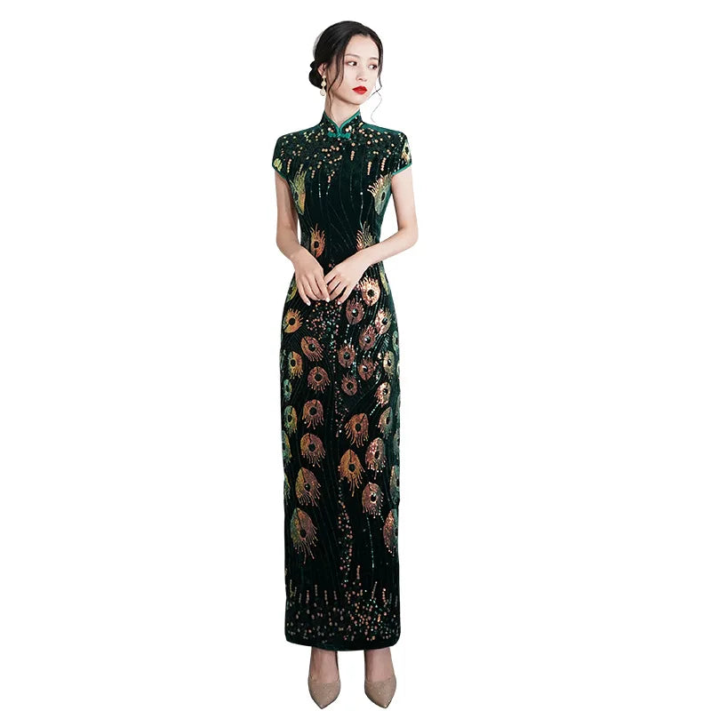 Elegant Lady Sequins Qipao Sexy Cheongsam Classic Mandarin Collar Chinese Dress Velvet Size 5XL Evening Party Vestidos - Seprincess