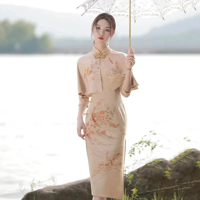 Chinese Style Elegant Slim Qipao Dress +shawl Two-piece Women Autumn Traditional Orientale Cheongsams Lady Vintage Vestido Chino - Seprincess