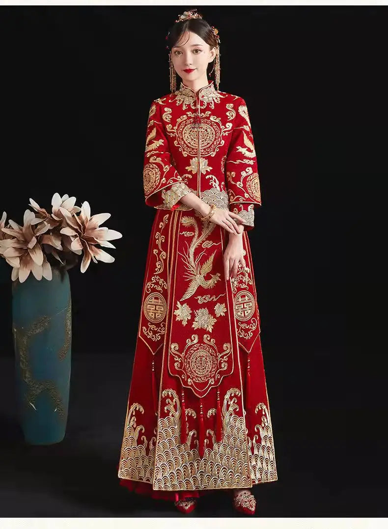 Modern Cheongsam Top + Skirt Suit Red Qipao Long Chinese Traditional Wedding Dress Oriental Style Xiuhefu Dresses - Seprincess