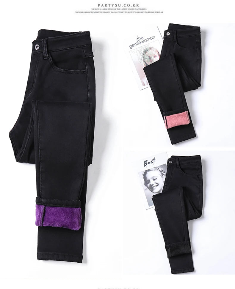 Clothes 26-40 winter women Colorful  velvet high waist jeans denim trousers stretch warm pencil pants thick skinny jeans