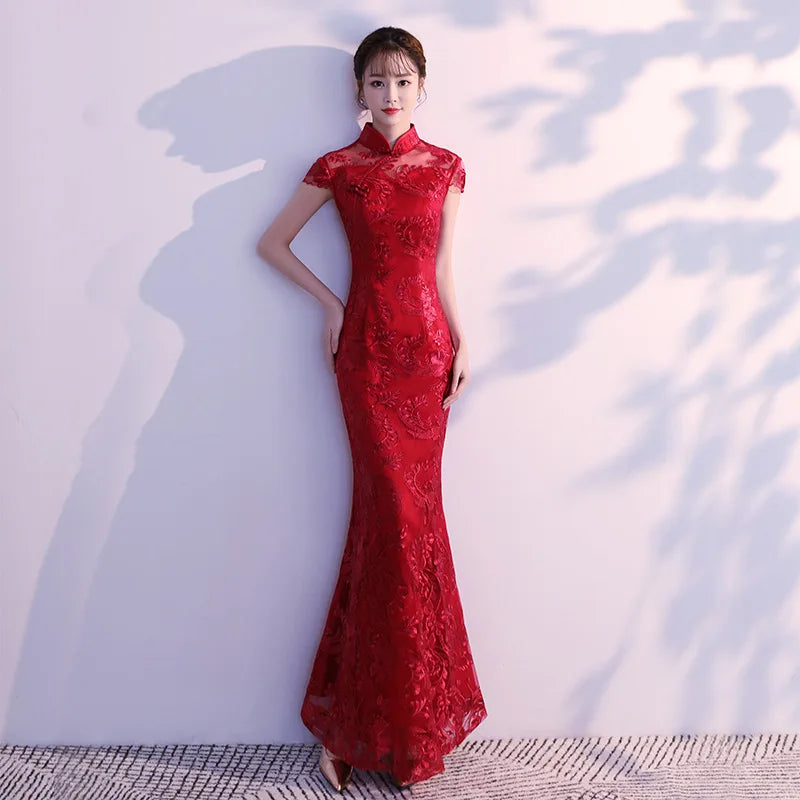 Lace Mermaid Chinese Style Lady Cheongsam Long Tight Elegant Dress Big Size 3XL Vestidso Vintage Red Bride Wedding Qipao S-203 - Seprincess