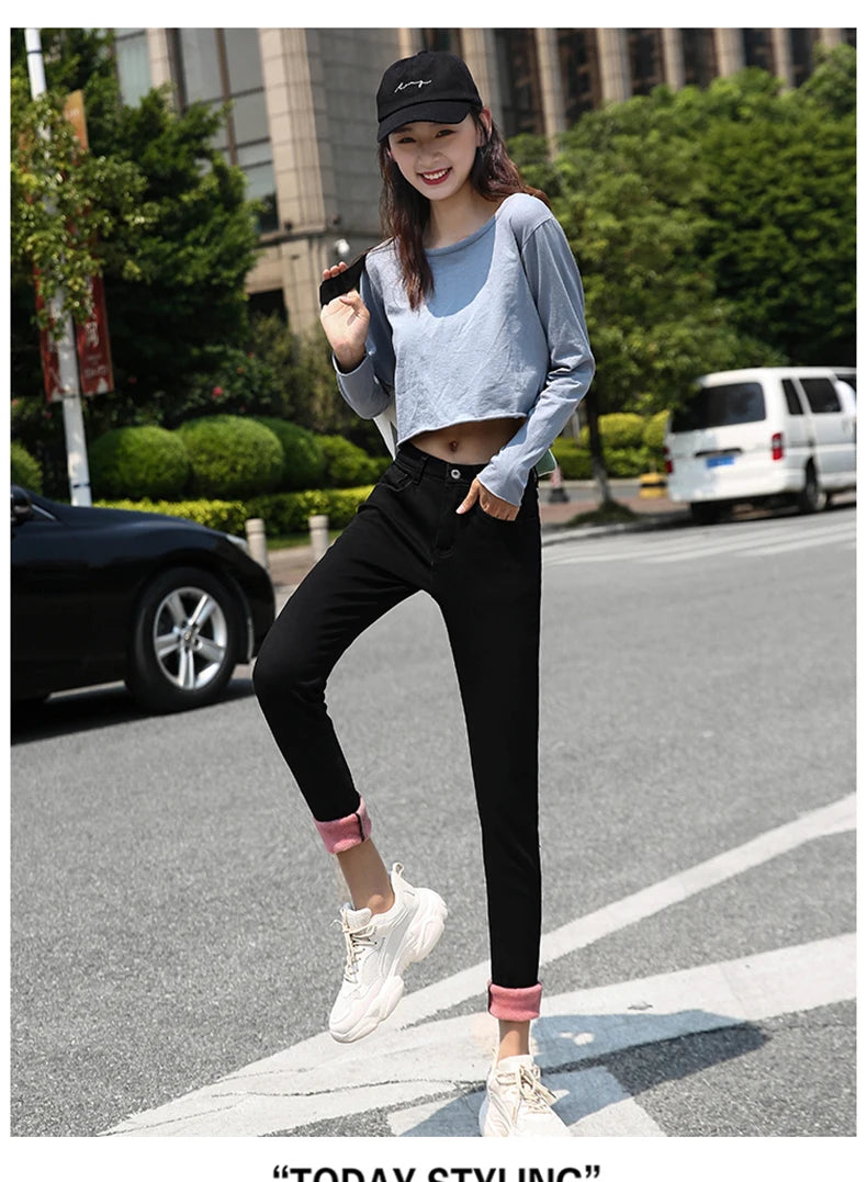 Clothes 26-40 winter women Colorful  velvet high waist jeans denim trousers stretch warm pencil pants thick skinny jeans