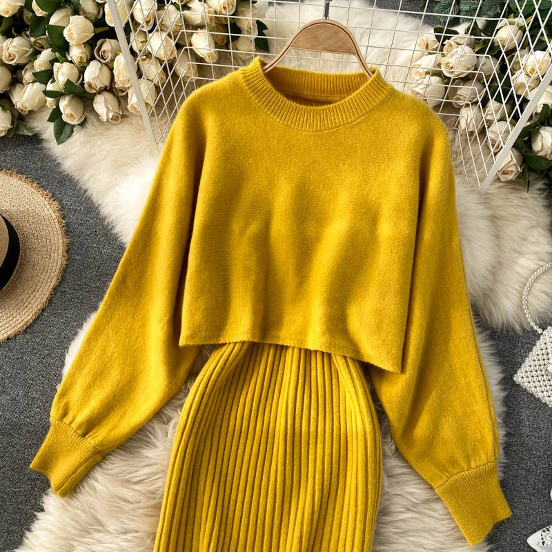 autumn Korean style clothes Two piece dress set Winter fall 2024 fashion women clothing new knitted knit long sleeves sweaters