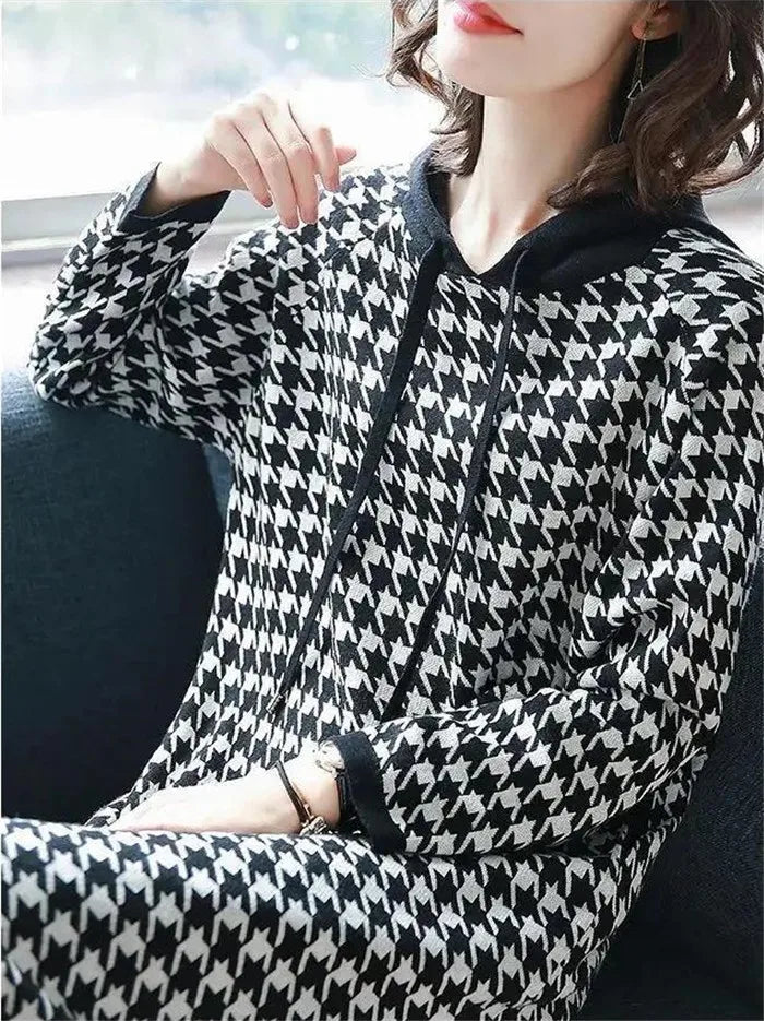 6XL Women's Dress 2024 Autumn Summer New Fashion Houndstooth Hooded Sweater Hoodie Dresses Winter Long-Sleeved Base Dress Female - Seprincess