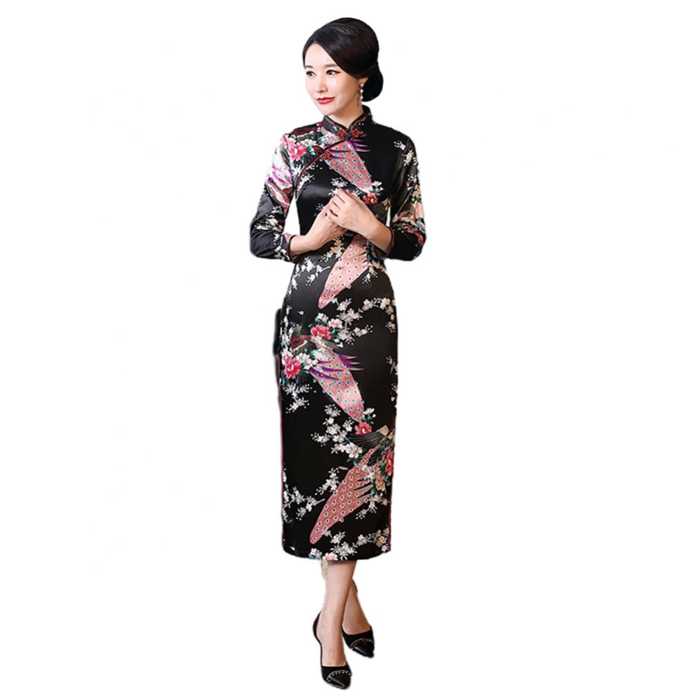 Women Chinese Traditional Dress Peacock Flower Print Long Split Bodycon Dress Cheongsam Stage Show Midi Slim Women Dress - Seprincess