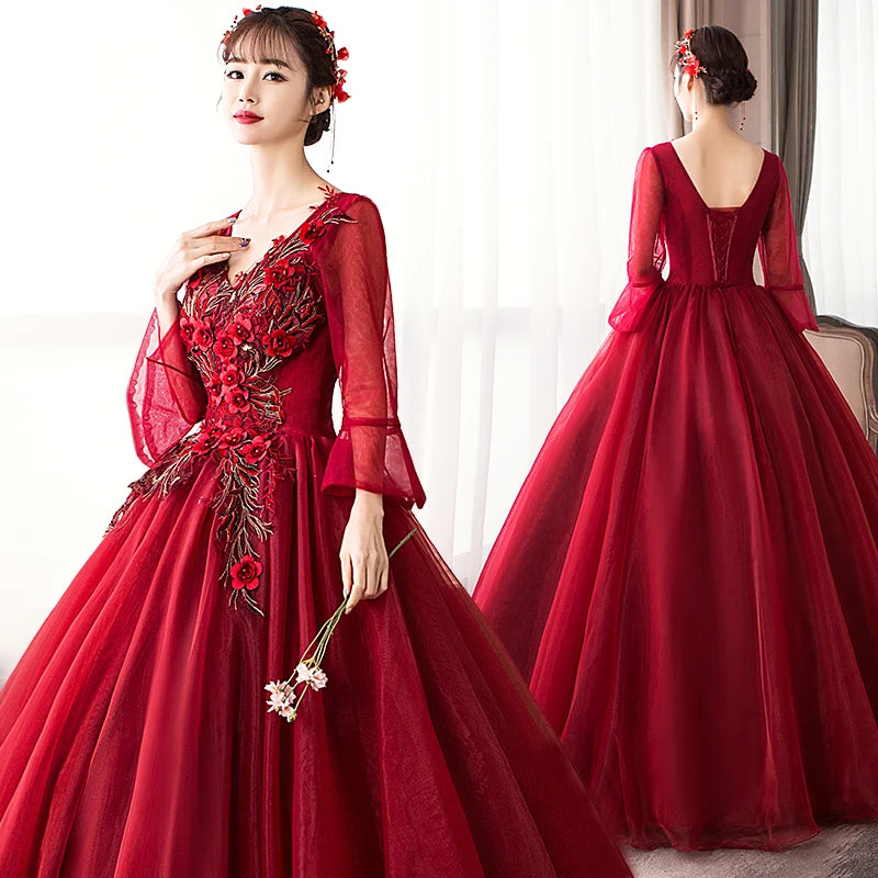 Y&M Novias New V Neck Long Sleeve Quinceanera 15 Years Vestidos De 15 Anos Mint Wine Red Turquoise Quinceanera Gowns Party Dress - Seprincess