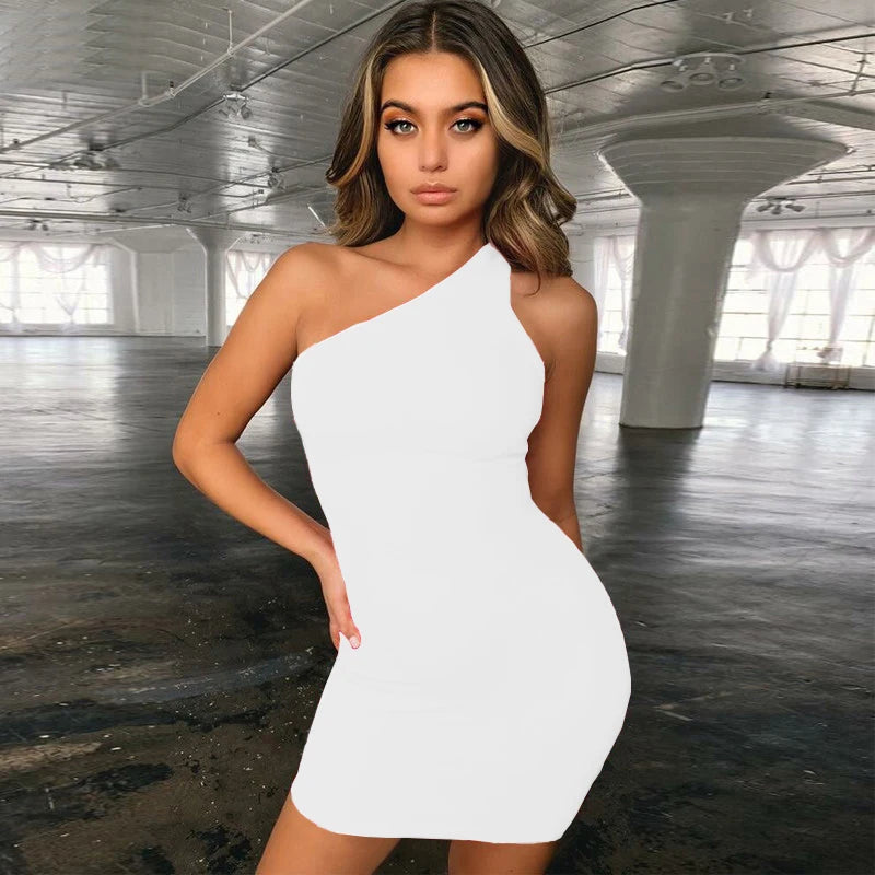 CDJLFH Sexy Club Femme One Shoulder Off Shoulder Backless Bodycon Beach Dresses Summer Slim White Mini Strap Women Dress - Seprincess