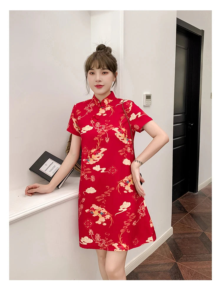 M-4XL 2022 New Year Red Summer Trend Street Fashion Modern Cheongsam A-line Dress Women Qipao Traditional Chinese Clothes - Seprincess