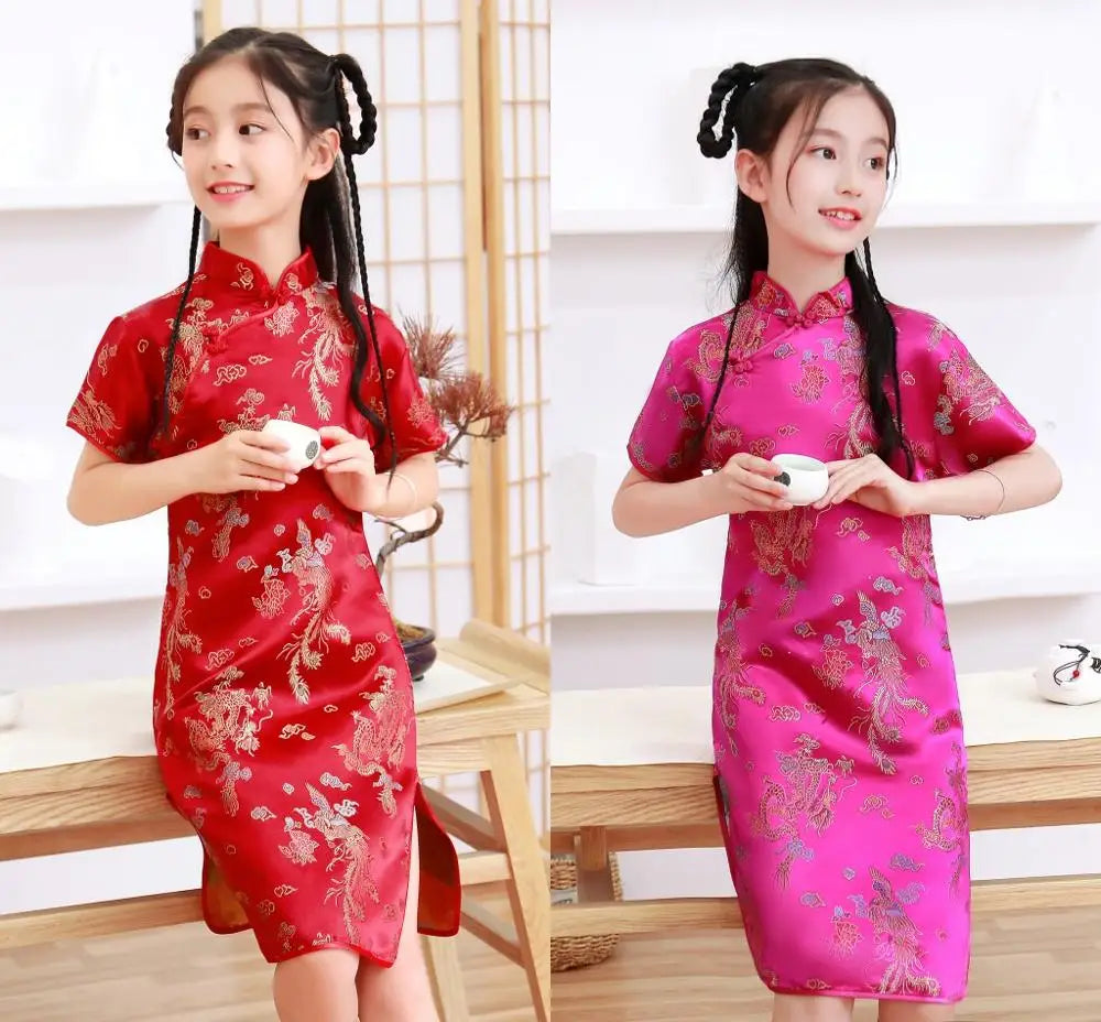 Lovely Girls Silky Satin cheongsam Dress Cute Princess Girls Dresses Kids Party Ball Gown Dress New Year cheongsam Clothing - Seprincess