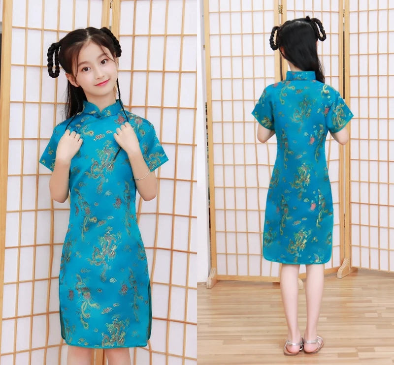 Lovely Girls Silky Satin cheongsam Dress Cute Princess Girls Dresses Kids Party Ball Gown Dress New Year cheongsam Clothing - Seprincess