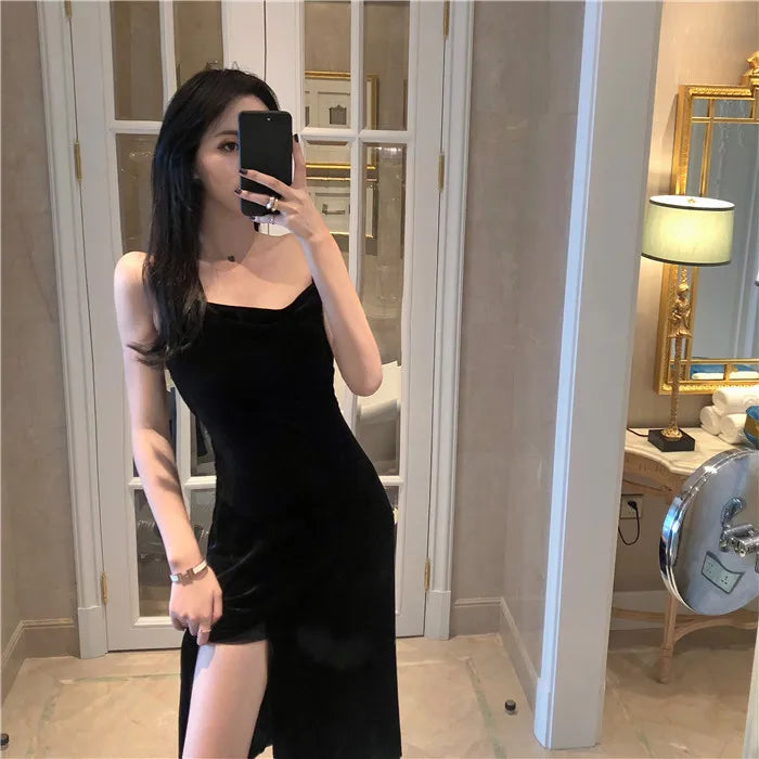 New 2022 Vintage Women Dress Spaghetti Strap Slit Velvet Black Dress Sexy Bodycon Bandage Dress Midi Party Dress Verano Vestidos - Seprincess