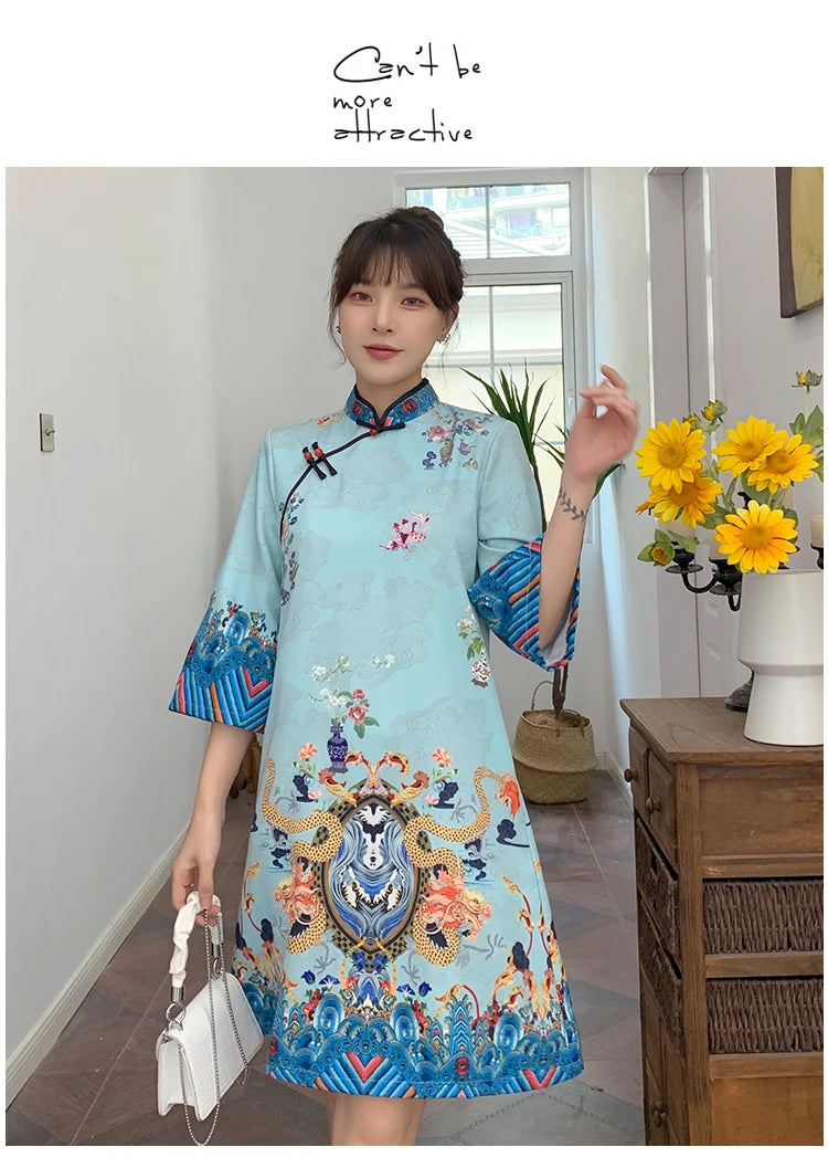 Ins Red Blue Loose 2021 New Fashion Modern Chinese Cheongsam A-line Dress Women 3/4 Sleeve Qipao Traditional Chinese Clothes - Seprincess