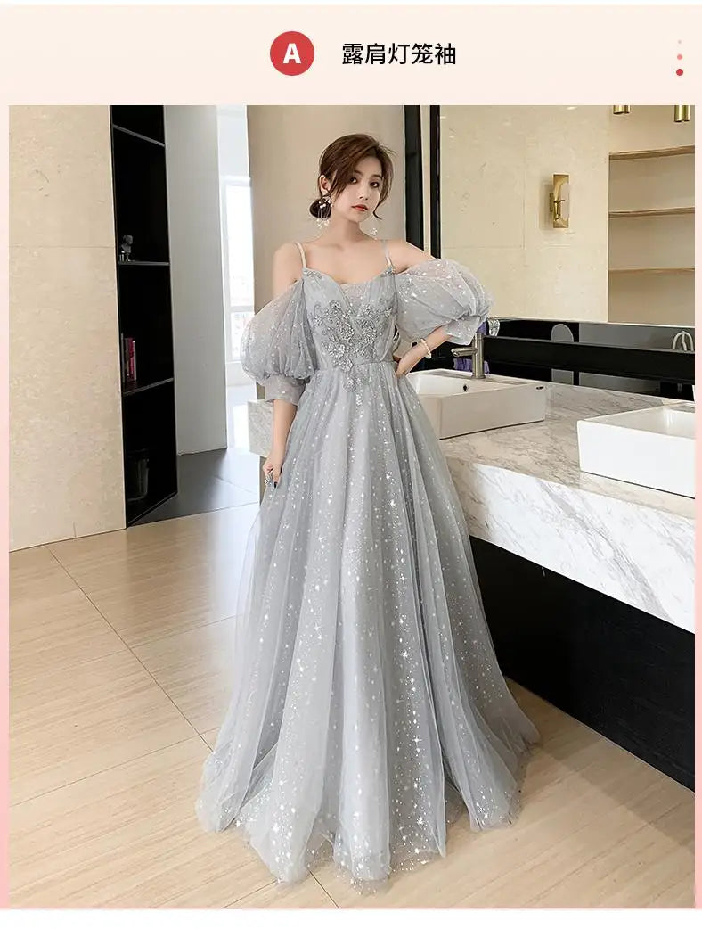 Temperament Bridesmaid Dress Lantern Sleeve Evening Party Dress Fairy Stage Show Dress Elegant Banquet Dress A-line Maxi Dress - Seprincess