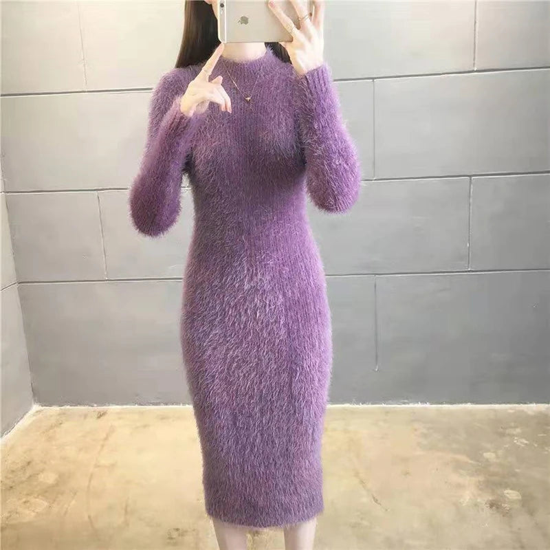 Women's Winter Clothing 2024 Imitation Mink Wool Thick Warm Turtleneck Sweater Dress Sheath Bodycon Dresses For Women Casual - Seprincess