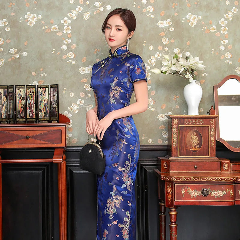 Sexy New Brocade Satin Long Fork Cheongsam Chinese Classic Women's Qipao Elegant Short Sleeve Novelty Wedding Evening Dress 4XL - Seprincess