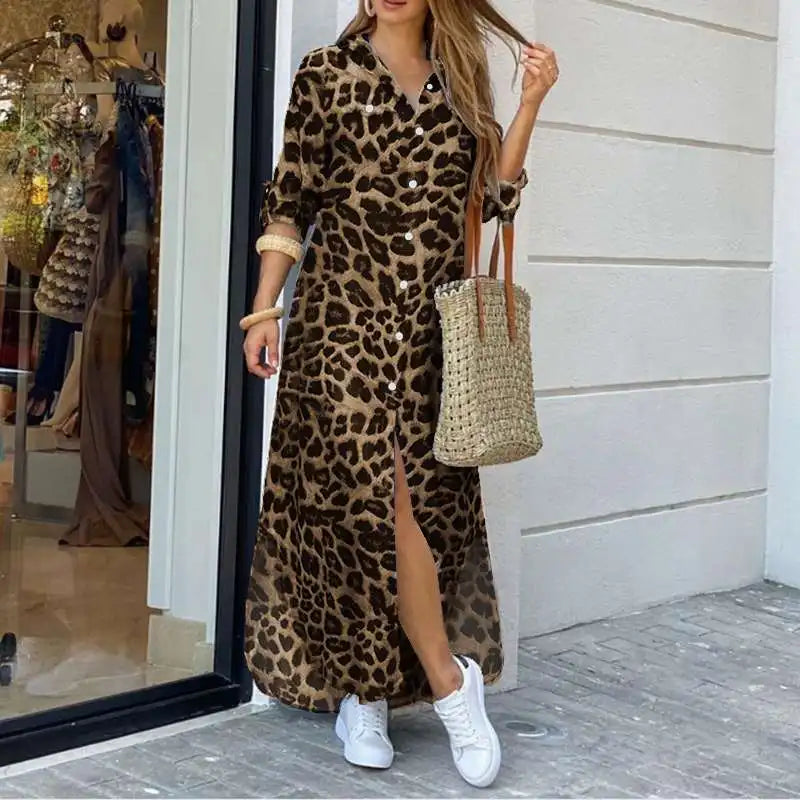 ZANZEA Party Vintage Leopard Robe 2023 Autumn Casual Long Sleeve Maxi Long Vestidos Dress Fashion Oversized Women Shirt Sundress - Seprincess