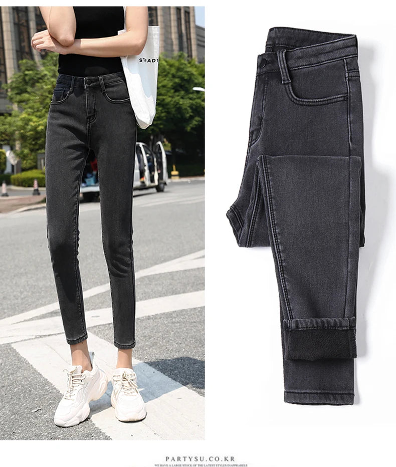 Clothes 26-40 winter women Colorful  velvet high waist jeans denim trousers stretch warm pencil pants thick skinny jeans