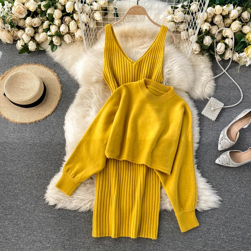 autumn Korean style clothes Two piece dress set Winter fall 2024 fashion women clothing new knitted knit long sleeves sweaters