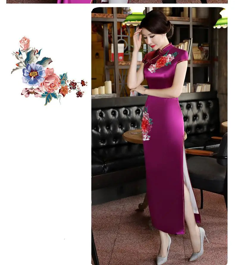 Classical Women Long Show Satin Chinese Dress Elegant Slim Embroidery Flower Qipao Cheongsam Retro Mandarin Collar Evening Gown - Seprincess