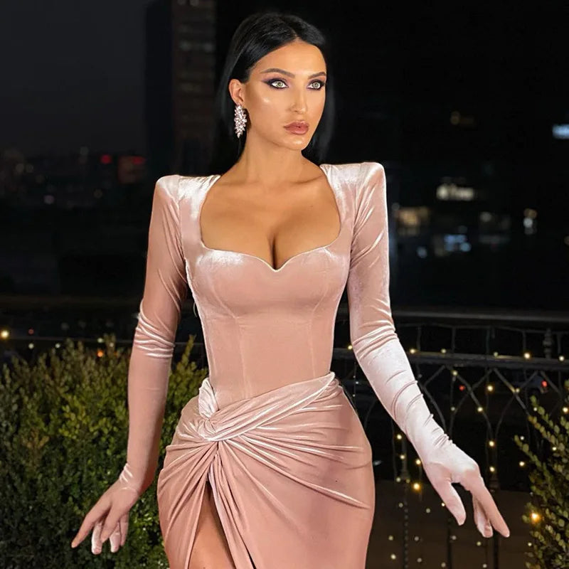 Cryptographic Elegant Gown Long Dress Evening Club Outfits for Women Gloves Sleeve Velvet Sexy Slit Maxi Dresses Ruched Dresses