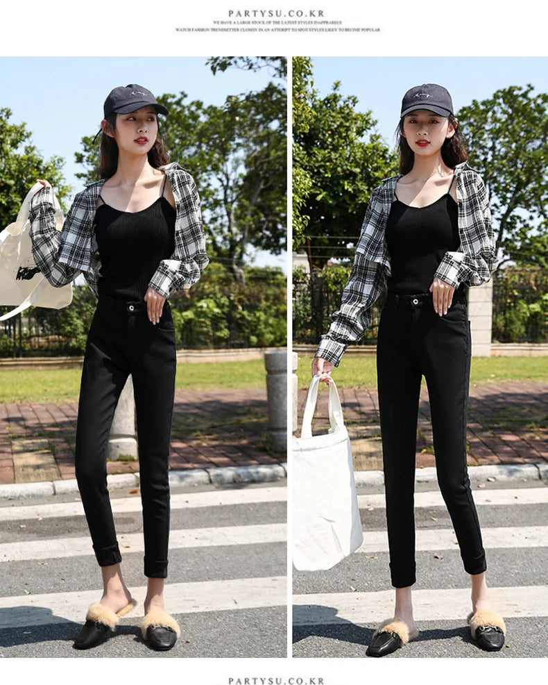 Clothes 26-40 winter women Colorful  velvet high waist jeans denim trousers stretch warm pencil pants thick skinny jeans