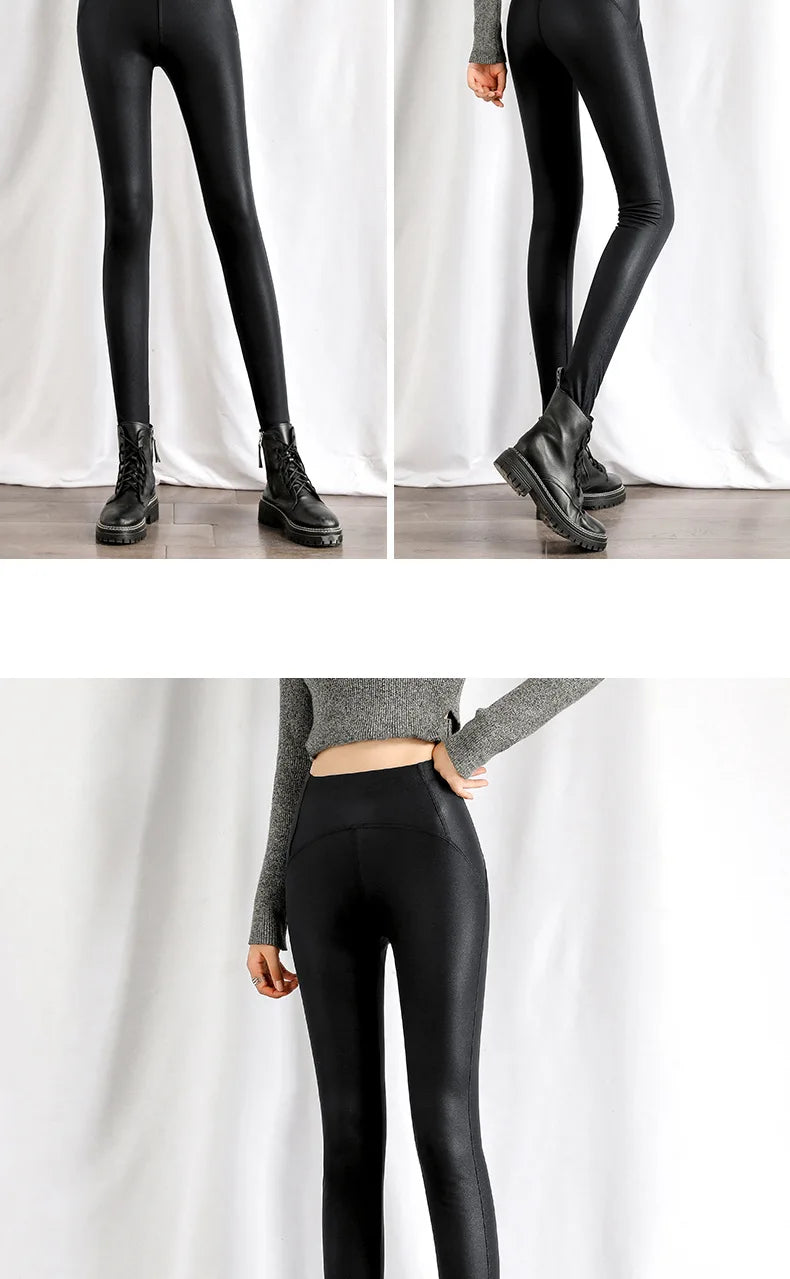 BIVIGAOS Autumn Winter Black Fleece Matte Leather Leggings Women High Waist  Sexy Motorcycle Pants Slim Skinny Warm Leggings